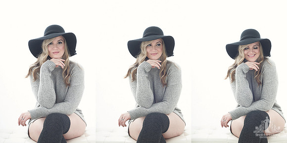 Series of contemporary studio portraits of a young woman in a black floppy hat and cozy jumper with knee high socks smiling at the camera by Vancouver portrait photographer Angela McConnell