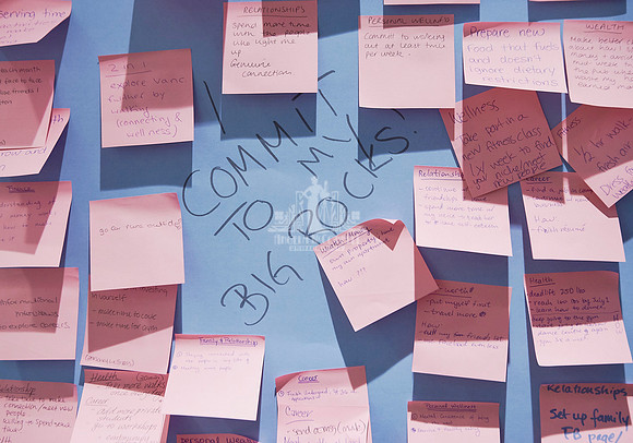Pink post it notes with personal messages written on them stuck on a blue poster with Commit to my Big Rocks in the middle
