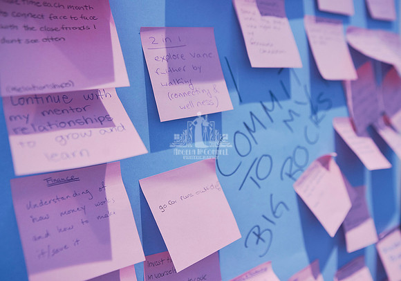 Pink post it notes with personal messages written on them stuck on a blue poster with Commit to my Big Rocks in the middle